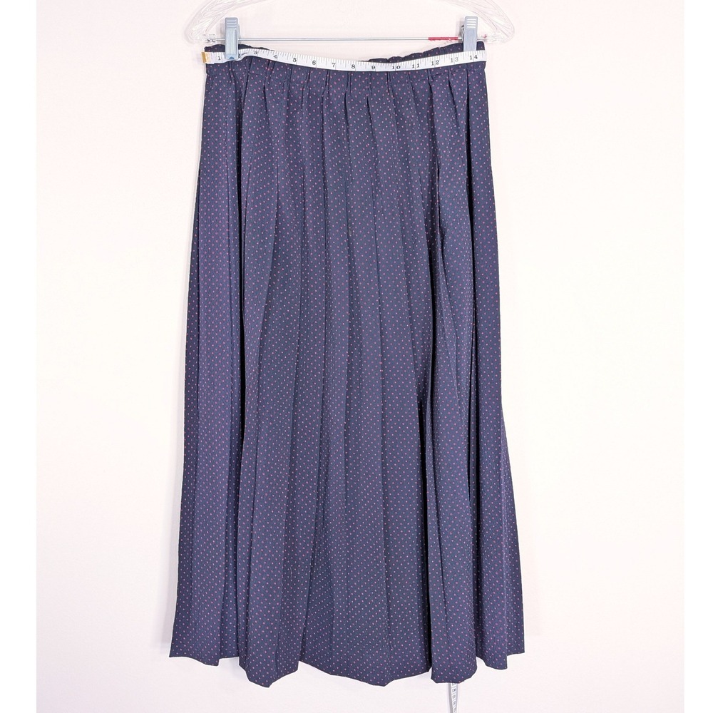 Vintage Navy Blue Polka Dot Midi Skirt; Pleated A-Line High Waist M